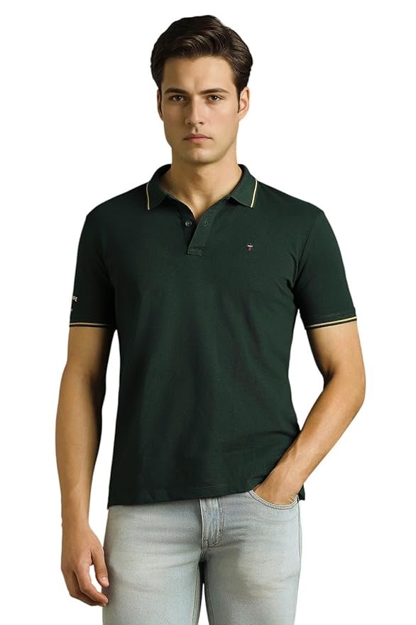 Louis Philippe Men’s Slim Fit Single-Tuck Pique Stylized Sleeve Print and Contrast Tipping Half Sleeve Solid Polo Tshirt (Copy) (Copy)
