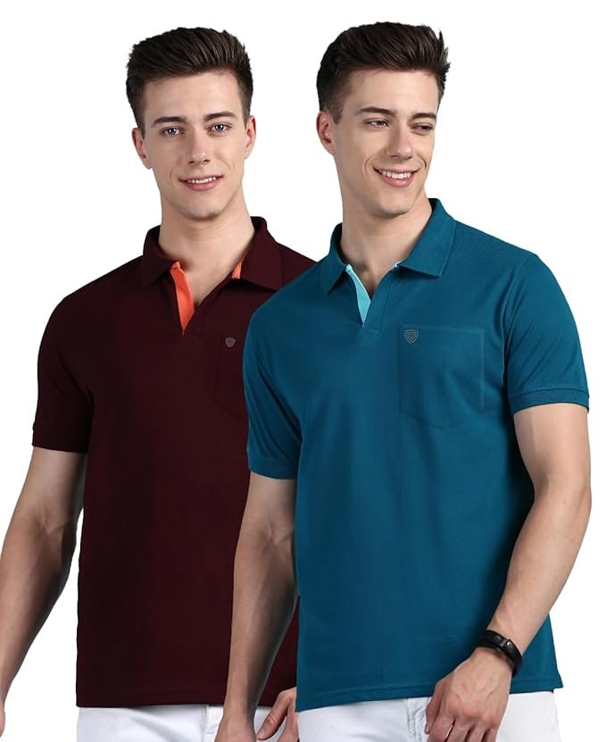 Lux Cozi Men Cotton Regular Fit Polo Neck Half Sleeve Solid Casual T-Shirt with Chest Pocket | Pack of 2 (Copy) (Copy)