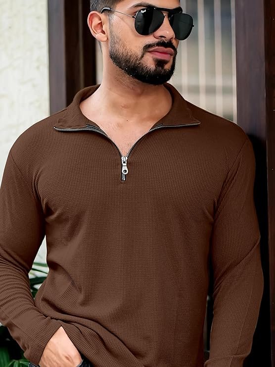 KAJARU Men’s Polyester Blend T Shirt with Spread Collar Neck Line Zipper Closure Full Sleeves Solid Pattern Regular Fit and Standard Length (Copy) (Copy)