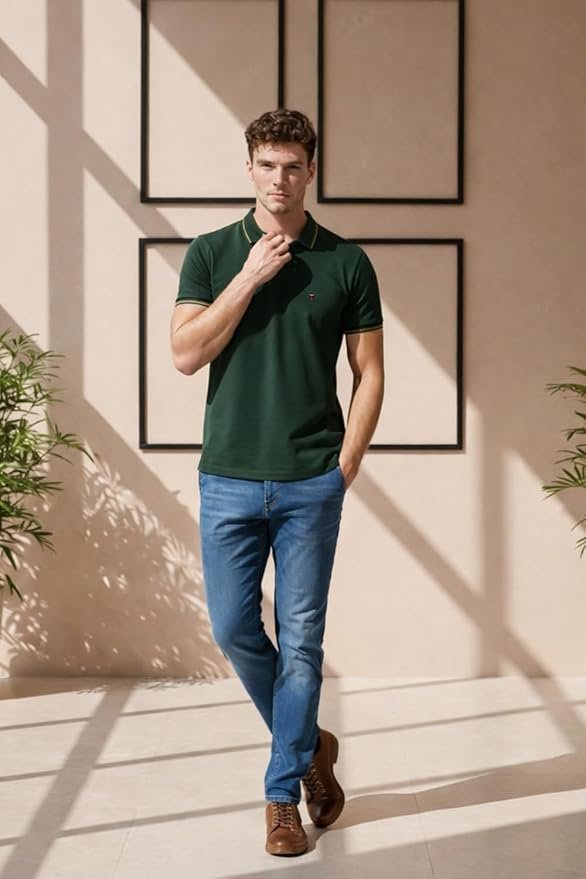 Louis Philippe Men’s Slim Fit Single-Tuck Pique Stylized Sleeve Print and Contrast Tipping Half Sleeve Solid Polo Tshirt (Copy) (Copy)