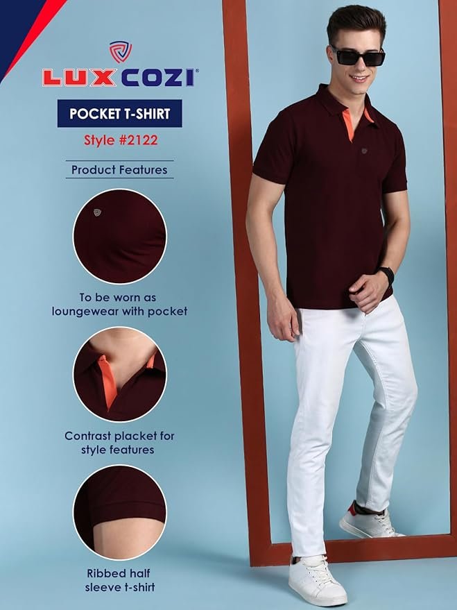 Lux Cozi Men Cotton Regular Fit Polo Neck Half Sleeve Solid Casual T-Shirt with Chest Pocket | Pack of 2 (Copy) (Copy)