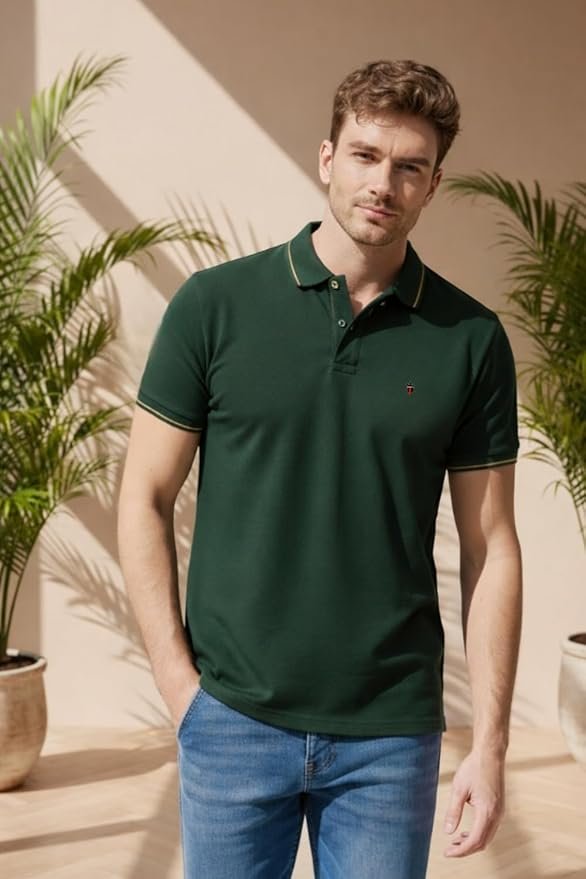 Louis Philippe Men’s Slim Fit Single-Tuck Pique Stylized Sleeve Print and Contrast Tipping Half Sleeve Solid Polo Tshirt (Copy) (Copy) (Copy)