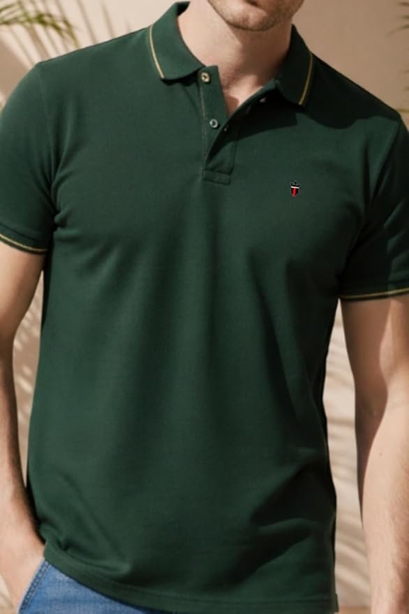 Louis Philippe Men’s Slim Fit Single-Tuck Pique Stylized Sleeve Print and Contrast Tipping Half Sleeve Solid Polo Tshirt (Copy) (Copy)