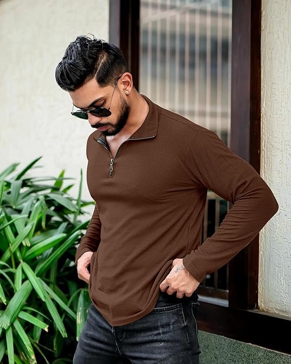 KAJARU Men’s Polyester Blend T Shirt with Spread Collar Neck Line Zipper Closure Full Sleeves Solid Pattern Regular Fit and Standard Length (Copy)