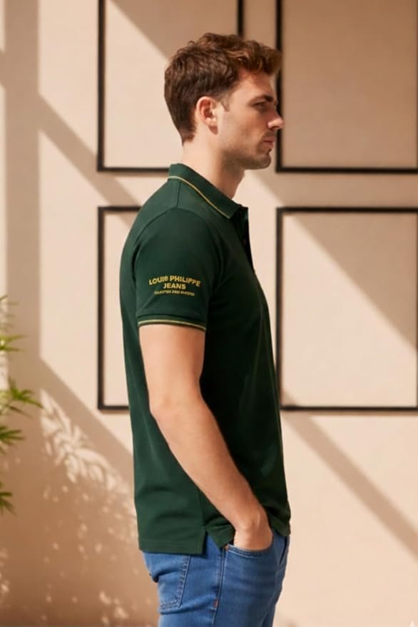 Louis Philippe Men’s Slim Fit Single-Tuck Pique Stylized Sleeve Print and Contrast Tipping Half Sleeve Solid Polo Tshirt (Copy) (Copy)