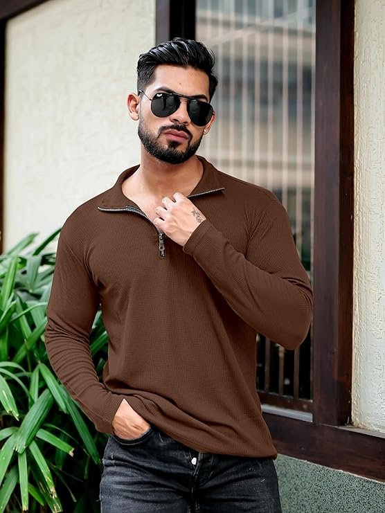 KAJARU Men’s Polyester Blend T Shirt with Spread Collar Neck Line Zipper Closure Full Sleeves Solid Pattern Regular Fit and Standard Length (Copy) (Copy)